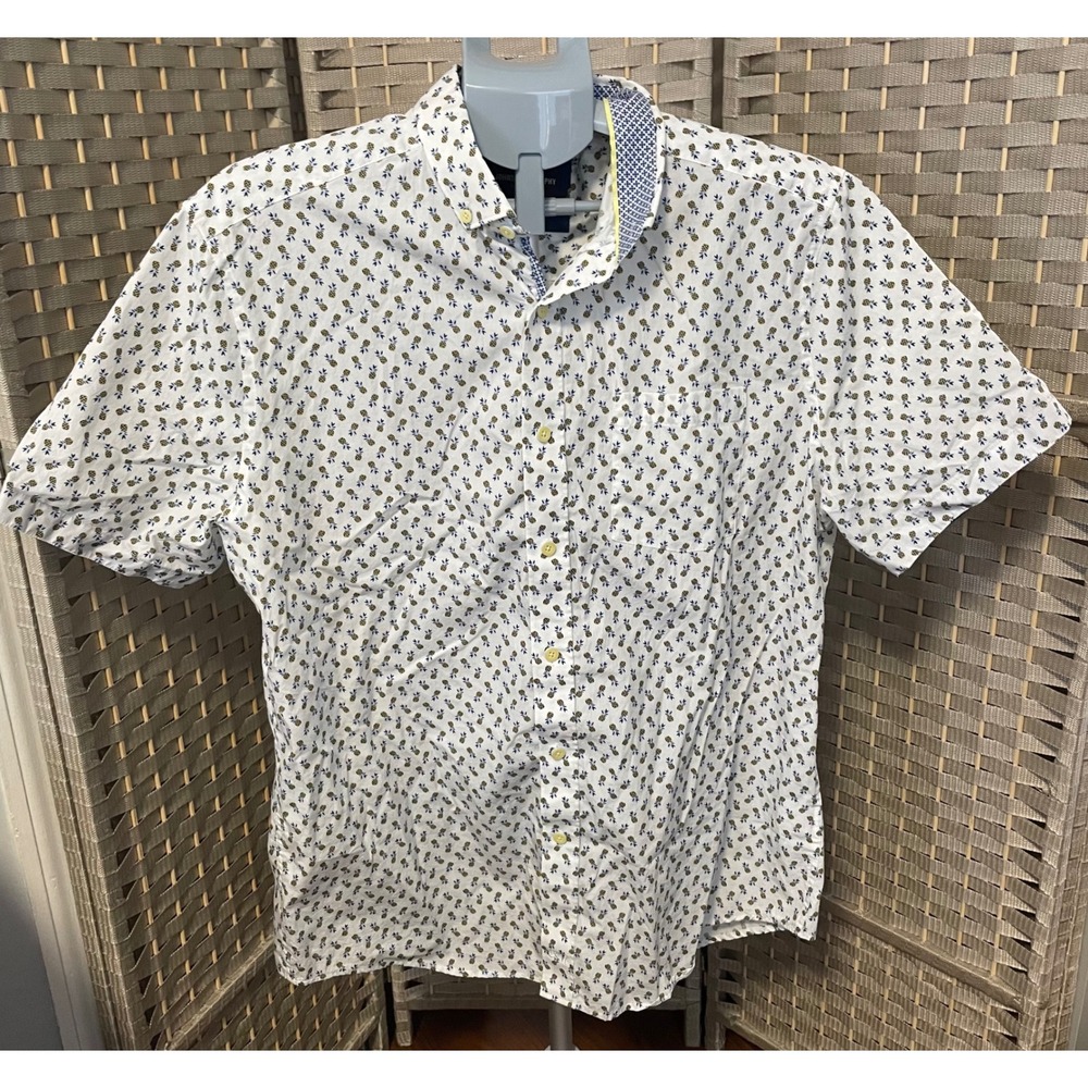 Johnston & Murphy Mens Large White Pineapple Print Cotton Button Down Shirt
